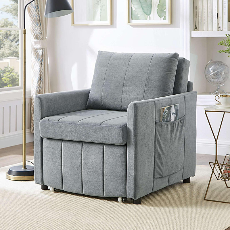 Upholstered Convertible Sleeper Sofa, 31.5" Pull Out Sofa Bed with 5-Position Adjustable Backrest, Side Pockets and a Storage Basket, Fold Out Chair Bed, Lounger For Living Room, Apartment, Grey