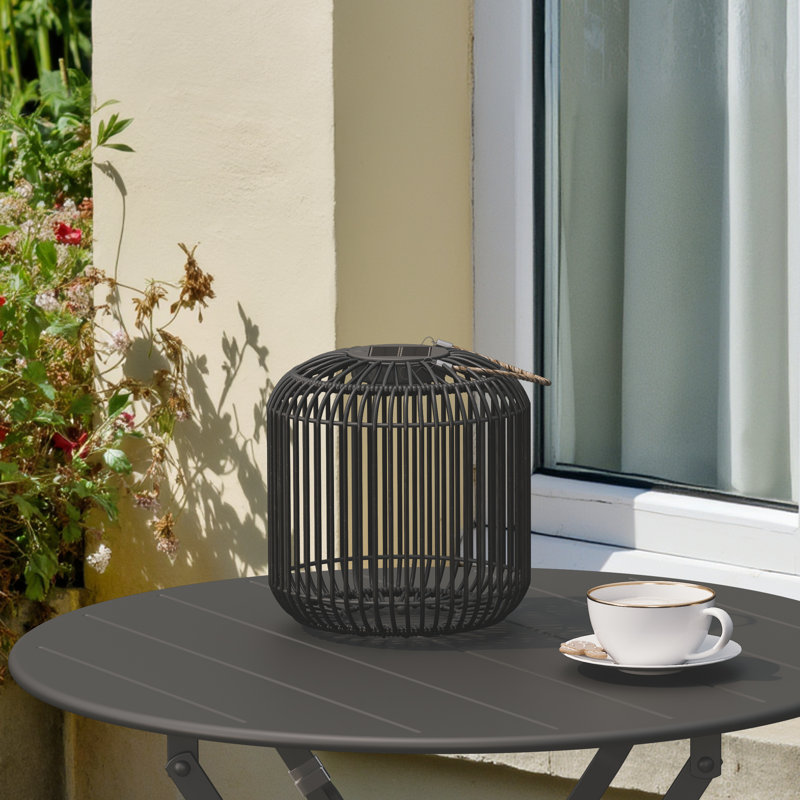 9.45" H All Iron Frame Rattan Lantern With Hemp Rope Handle,  Matte Black