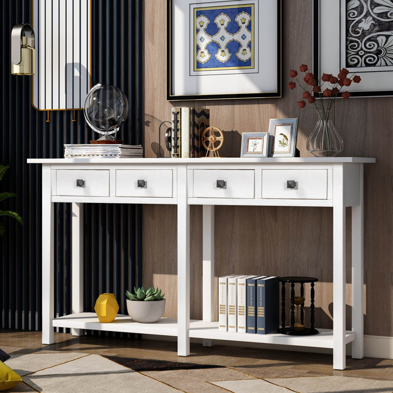 Console d'entrée rustique à texture brossée avec tiroirs et tablette inférieure pour le salon, Blanc