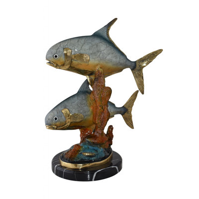Statue bronze deux poissons Nicolai nageant dans l'océan, taille: 13 po x 19 po x H 25 po