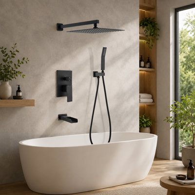 12 Inch Rain Shower Tub and Shower System with Handheld Shower Pressure Balanced Valve and Waterfall Tub Spout in Matte Black