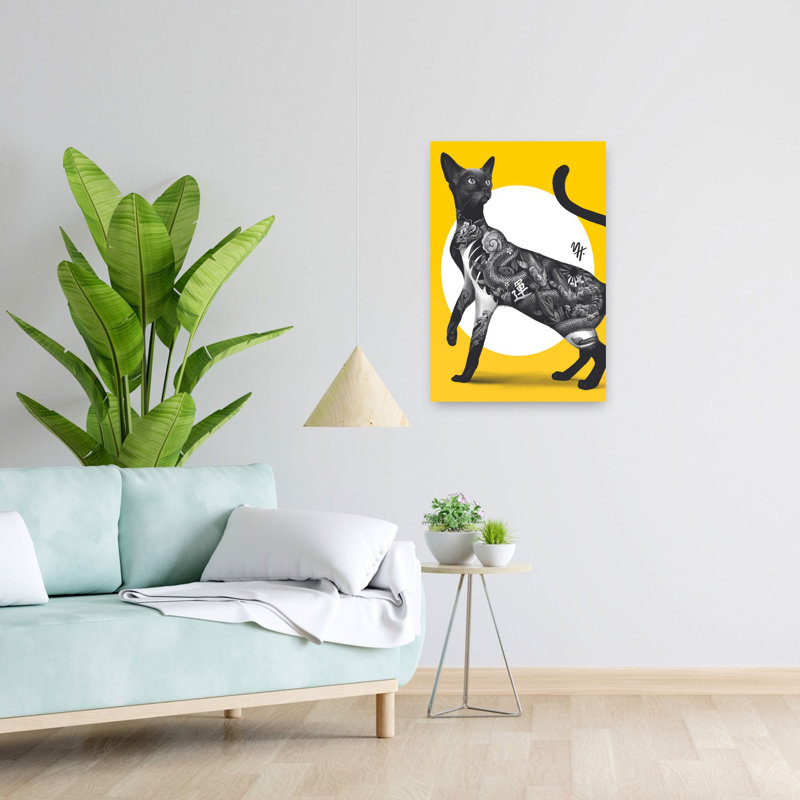 Japanese Tattoo Cat Modern Contemporary Cat Fish Wall Art Print 1 Piece Wrapped Canvas Wall Art, 60.96cm H x 40.64cm W