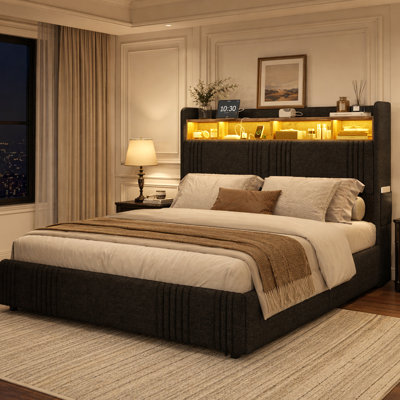 Très grande base de 49,2 po avec très grand lit californien avec tête de lit cachée à oreilles, lit plateforme tapissier avec 4 tiroirs de rangement, lumières DEL et station de charge, aucun sommier nécessaire, noir