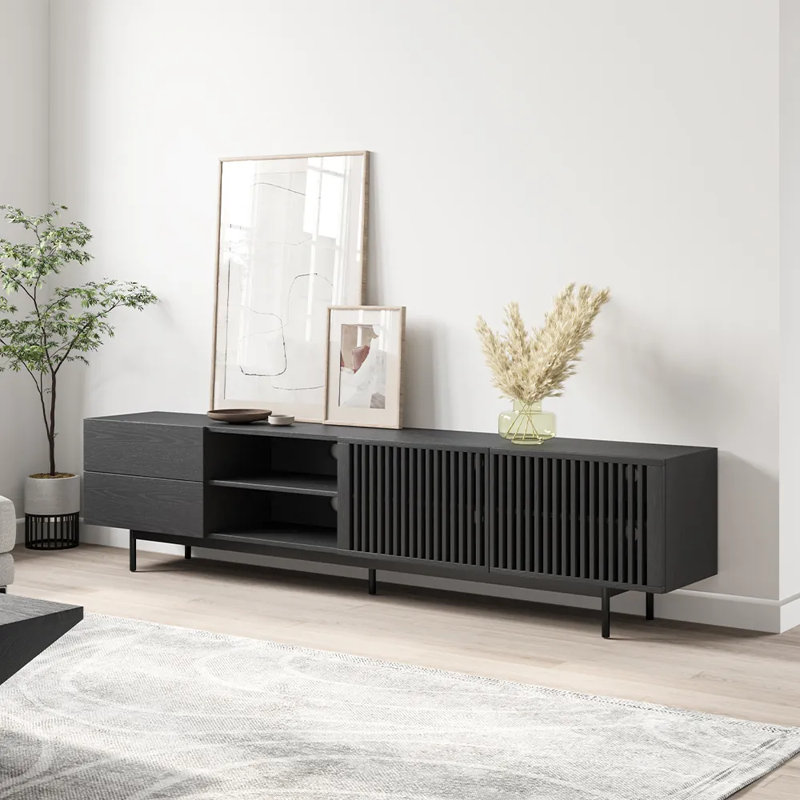 Meuble télé Mid-Century moderne pré-assemblé, Noir, H 21,65 po x L 94,49 po x l 15,75 po