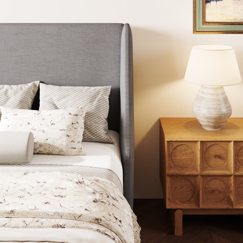 Bowdoin Modern Linen Upholstered Wingback Platform Bed with Wooden Slats, Light Gray, Full