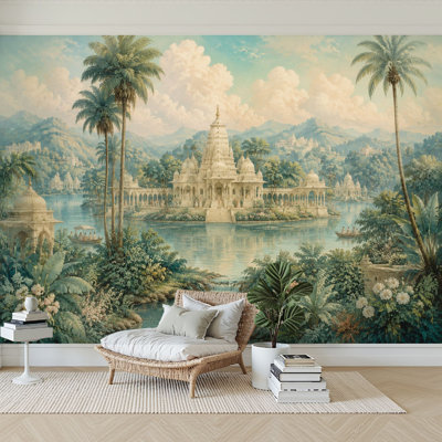 Papier peint adhésif, paysage de temple indien, palmiers, verdure vibrante, papier autocollant amovible, décoration murale pour salon, chambre à coucher H 100 po x l 144 po