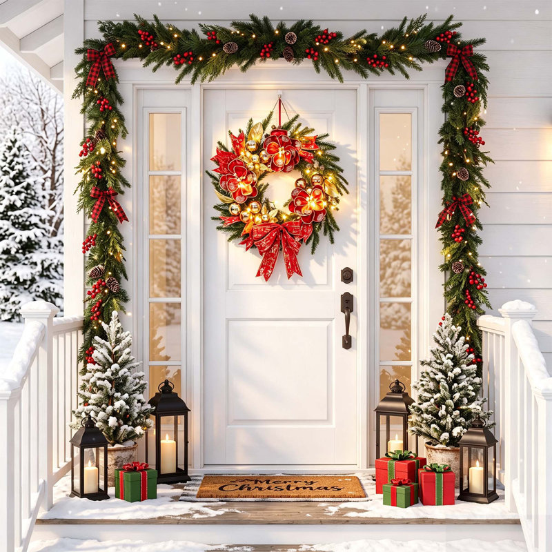 Couronne de Noël pré-illuminée de 61 cm (24 po) avec fleurs rouges et nœud, pour porte d'entrée, mur ou foyer