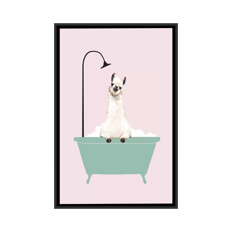Lama profitant d'un bain moussant, Toile avec cadre noir, H 48 po x l 32 po x P 1,5 po