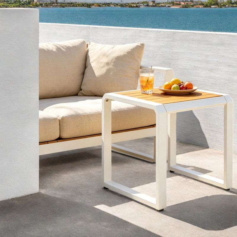 Tables de patio d'une capacité de lb, plateau en bois d'acacia teck, structure en métal blanc moderne, Brun