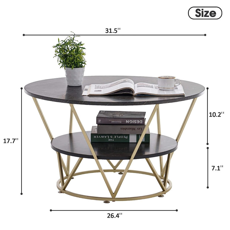 Rena Modern 2-Tier Round Coffee Table - Faux Marble with Storage Shelf and Metal Frame, Gray