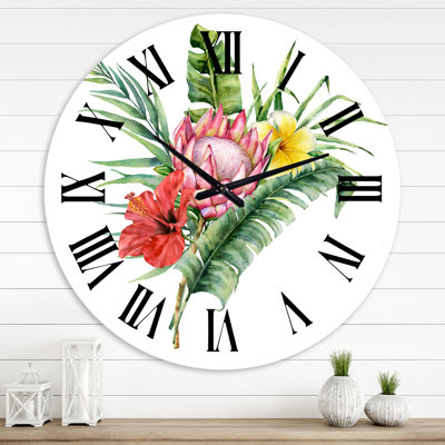 Flowers Bouquet With Protea Hibiscus Plumeria - Traditional wall clock