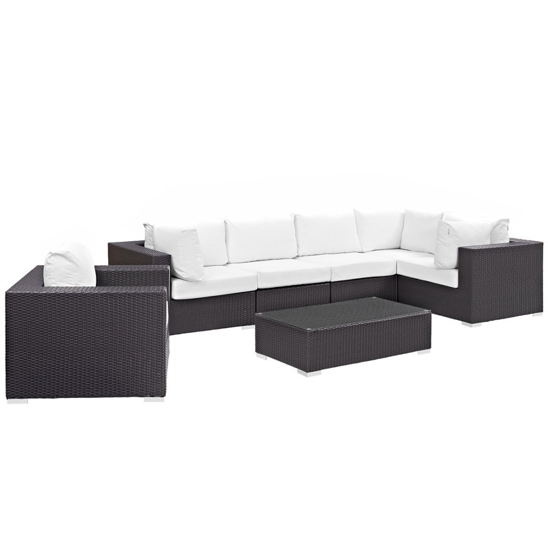 Modway Convene Wicker Rattan 7-Piece Outdoor Patio Sectional Sofa Furniture Set, White
