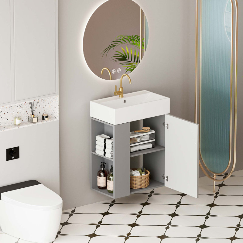 Meuble-lavabo mural de 21,6 po avec lavabo en céramique, porte à fermeture en douceur, tablette de rangement flottante à gauche, assemblage requis
