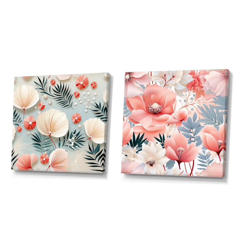 Seaside Elegance - motif tropical - ensemble de 2 collages floraux carrés, H 30 po x l 61 po, Toile tendue