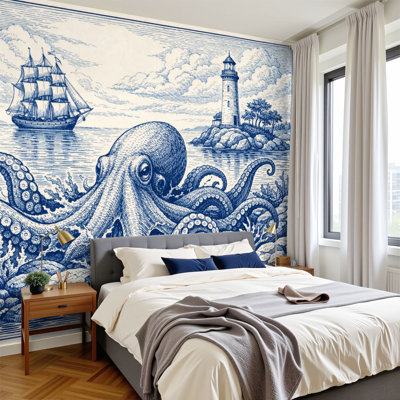 Peel and Stick papier peint rétro nautique géant pieuvre voilier phare océan scène murale peintures murales amovibles en PVC 100 "H x 144" l auto-adhésif pour chambre salon bureau à domicile