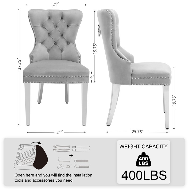 Velvet Upholstered Dining Chairs with Stainless Steel Legs, Light Gray