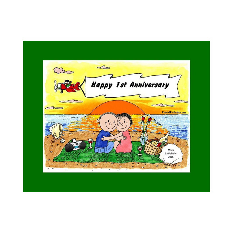 Personalized Lovers on the Beach Cartoon Caricature with a Mat, Ready to Frame, Yes