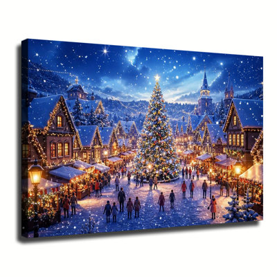 Magical Snowy Christmas Village With Illuminated Houses And Giant Christmas Tree Canvas Wall Art, Winter Holiday Scene Painting For Living Room Decor