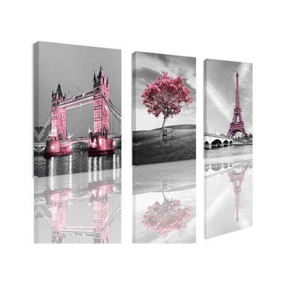 Pink Paris Eiffel Tower Wall Art - 3 Piece Canvas Prints, With Pink London Bridge Decor For Bedroom, Framed And Ready To Hang (12"X16"X3 Panels)