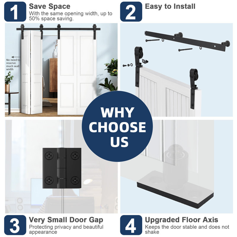 152cm Heavy Duty Bi-Folding Barn Door Hardware Kit-Smooth Quiet Rollers
