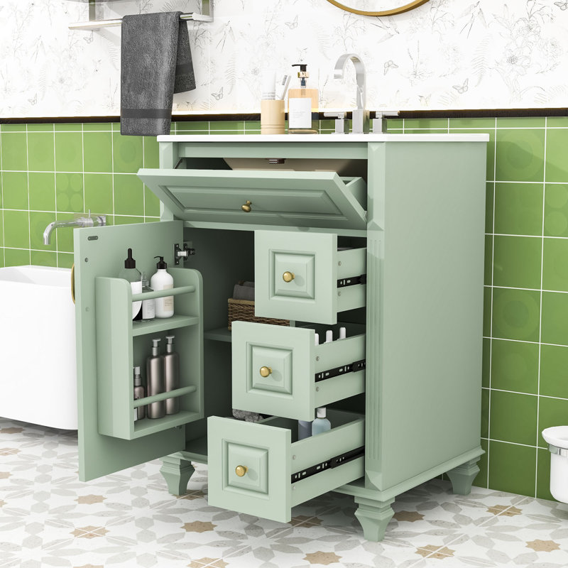 Meuble-lavabo autoportant avec lavabo en céramique, tiroir rabattable, 3 tiroirs et tablette réglable, Vert