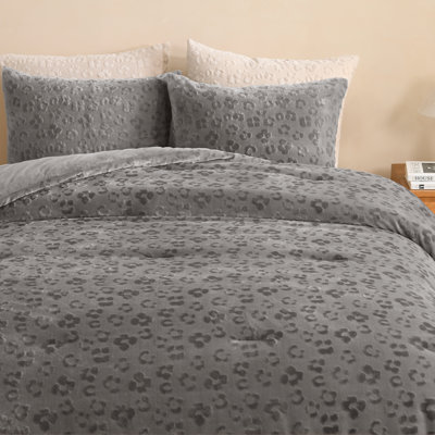 Fluffy Faux Fur Leopard Print Comforter Set, Light Grey, Plush Soft Bedding, Queen Size, 3-Piece