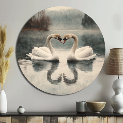 Paire de cygnes dans un lac serein - cygnes, art mural rond en métal
