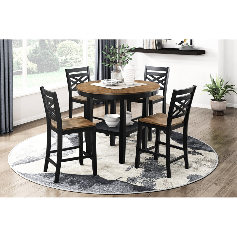 Table de salle à manger 5 pièces à hauteur de comptoir avec rangement et 4 chaises à finition bicolore rustique et moderne pour un coin 5 pièces brun noir contemporain
