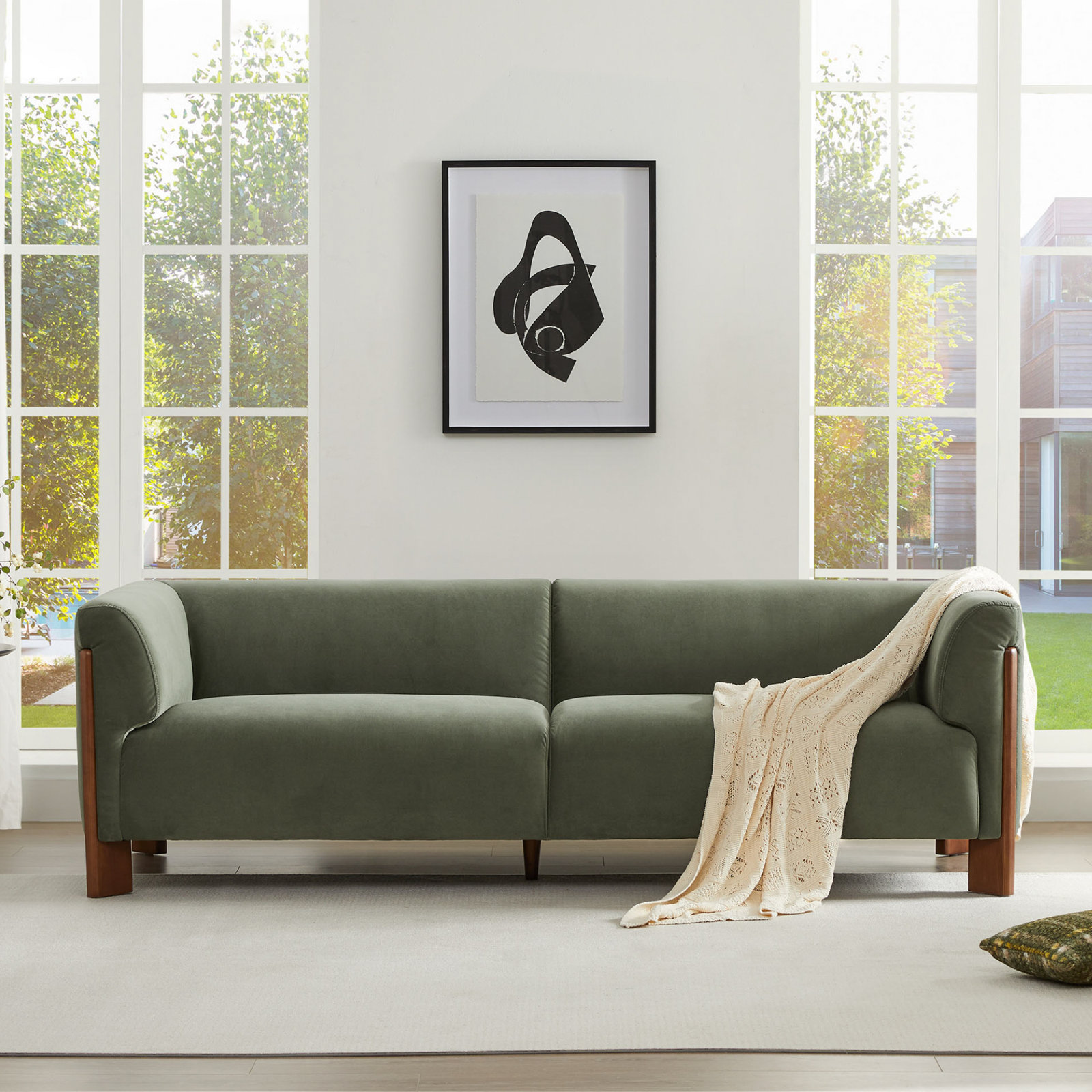 Wanetta 88'' Upholstered Sofa With Solid Wood Leg, Soren Olivine Performance Velvet