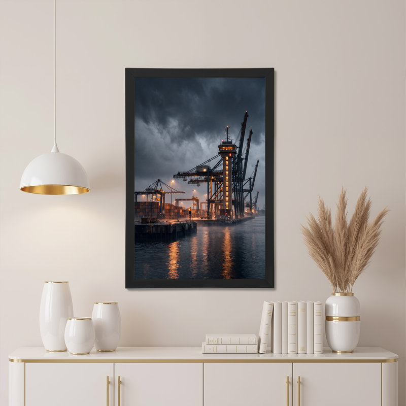«Port Cranes Reflecting on Dark Water», art mural, H 30 po x l 20 po