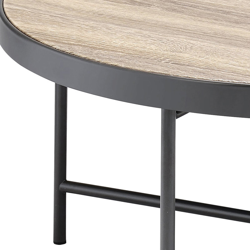 Table basse avec support en X, chêne industriel vieilli et finition noire, garniture ronde en métal