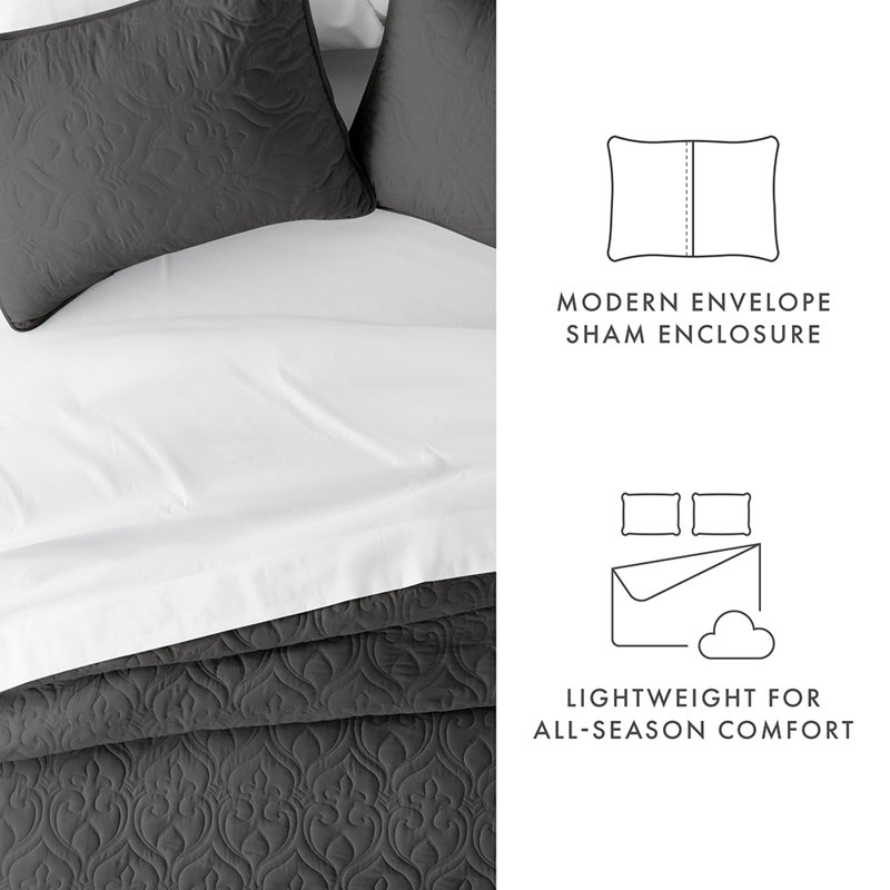 Quilt Coverlet Set All Season Microfiber Contemporary Ultra Soft Bedding in Damask Stitch, Gray