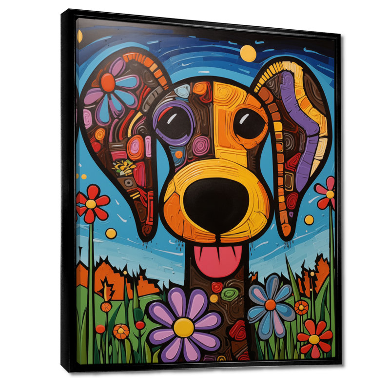 Portrait géométrique multicolore de chien - Décoration murale chien, Toile avec cadre flottant noir