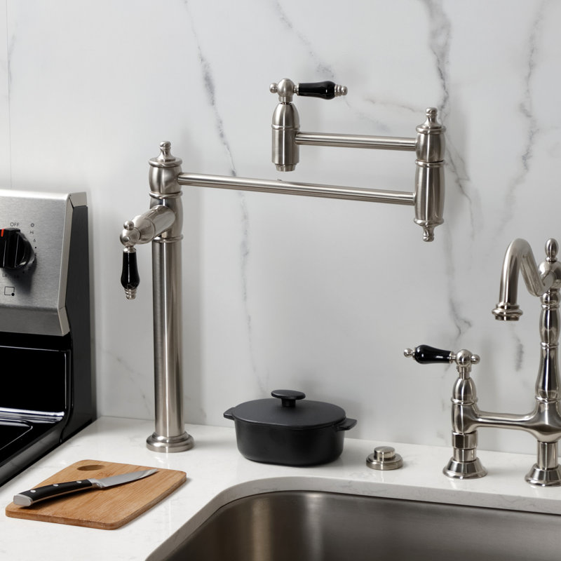 Kingston Brass Two-Handle 1-Hole Deck Mount Pot Filler Faucet, Brushed Nickel/Black