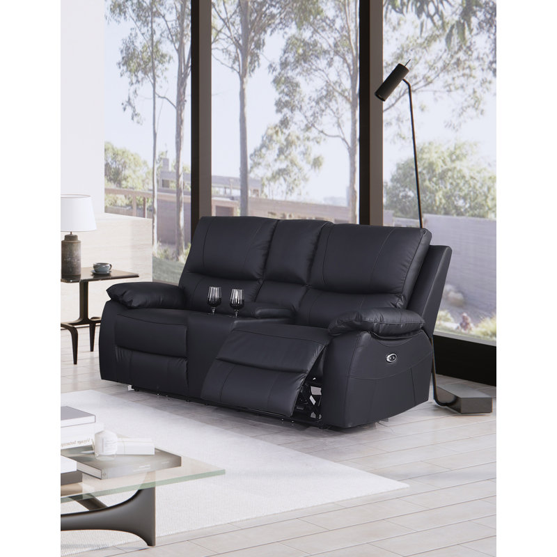 Dewaine 72'' Leather Power Reclining Loveseat, Black Genuine Leather