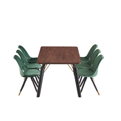 Guillermina 6 Person Dining set - a Rectangular Wooden Dining Table with Metal Legs and a Set of 6 Quilted Velvet Dining Chairs for Dining Room - Modern Dining Table Set