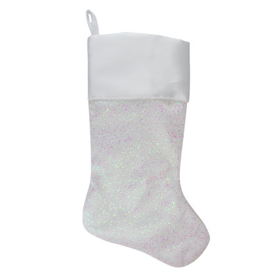 22.25" White With Pink Iridescent Glitter Christmas Stocking With Satin Cuff