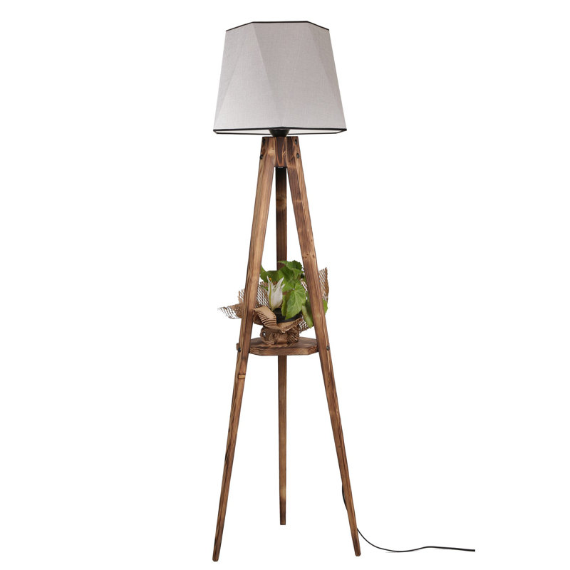 Lampe sur pied scandinave avec corps en bois et capuchon en tissu, gris | Hauteur totale: 65,0 pouces, diamètre du capuchon: 17,3 pouces, diamètre du pied: 19,7 pouces, tablettes en bois incluses (10,2 x 10,2 pouces) | Interrupteur marche / arrêt élégant, douille E27 de 40 W maximum