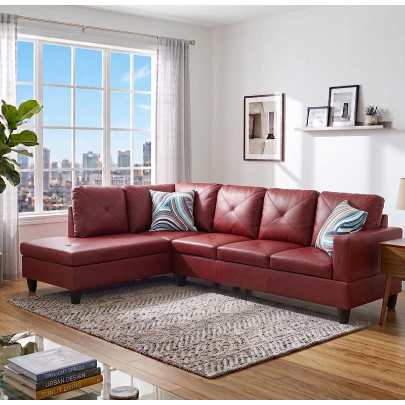 Glennia Faux Leather L-Shaped Sectional, Red Faux Leather, Left Hand Facing