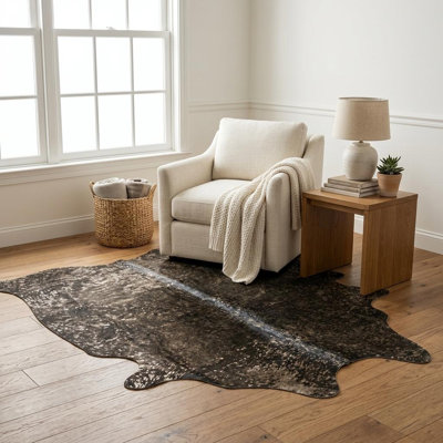 Tapis en cuir de vache noir et cuivre doré 5 pi x 7 pi
