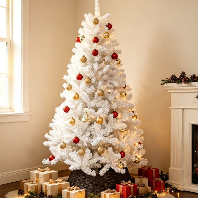Arbre de Noël artificiel grand 6 pi avec 1000 extrémités de branches et base en acier non éclairé blanc pour décoration de bureau