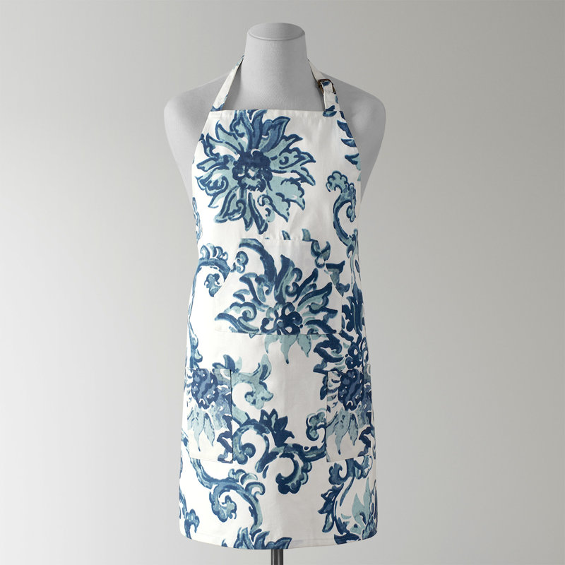 Printed Cotton Kitchen Apron with Pockets Adjustable, Indonesian Blue
