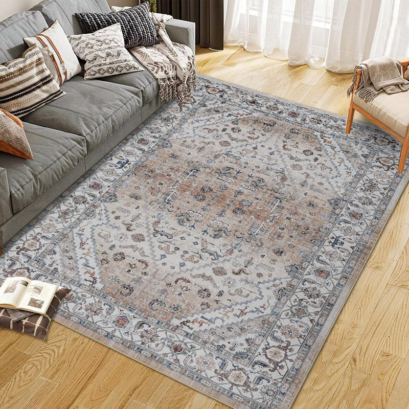 Machine Washable Ft Vintage Floral Printed Runner Rug, Non-Slip for Hallway, Entryway, Kitchen (Gray), Rectangle 5' x 7'