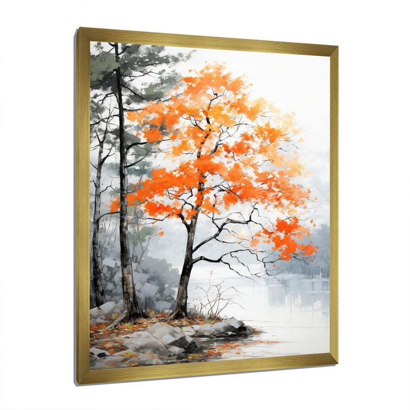 Orange et gris, forêt, automne, élégance I - art mural forêt, H 20 po x l 12 po x P 1 po, Cadre doré simple
