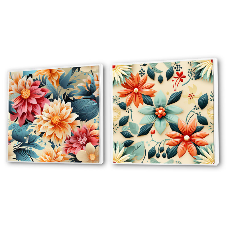 Rétro kaléidoscope floral Melody - ensemble de 2 collages floraux carrés, Cadre flottant blanc, H 30 po x l 61 po