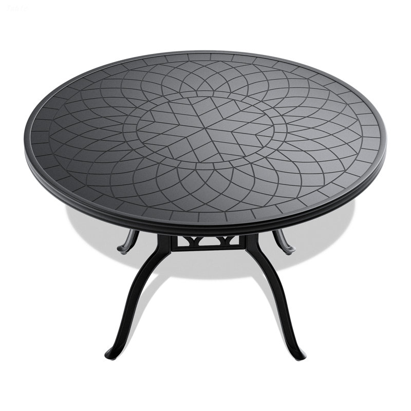 Ø47.24-inch Cast Aluminum Patio Dining Table With Black Frame and Carved Texture on the Tabletop 