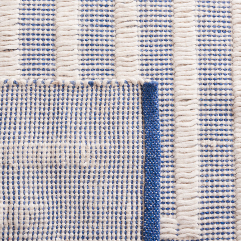 Natura Flat Weave Wool/Cotton Striped Rug in Ivory/Blue, Rectangle 5' x 8'