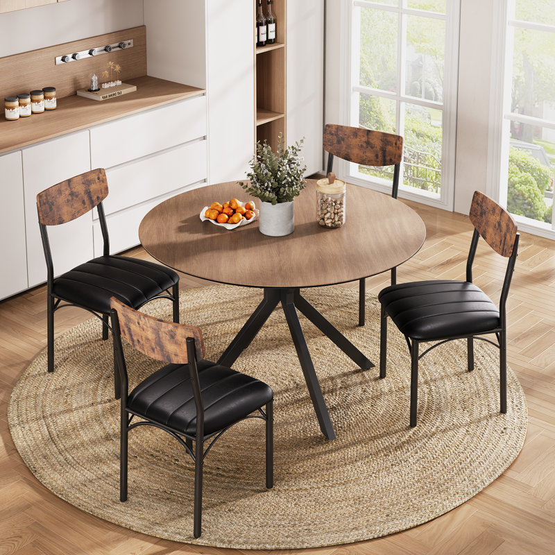 4-Piece Industrial Dining Chairs with Wooden Back & PU Leather Cushion, Black/Brown