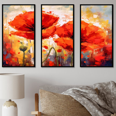 Vibrant Red And Yellow Poppy Field Dreams - Poppies Canvas Wall Art Set