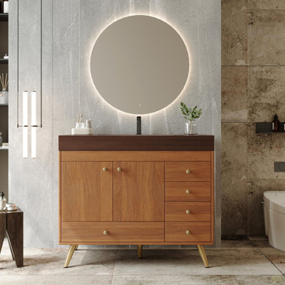 36" Freestanding Bathroom Vanity With Faux Marble Top, Ceramic Sink, 5 Drawers & Stainless Steel Legs
